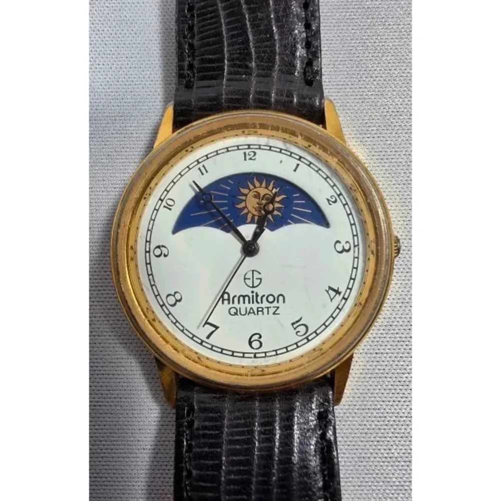 VTG Armitron Quartz Watch Women Moon Phase Gold Tone Leather Analog New Battery